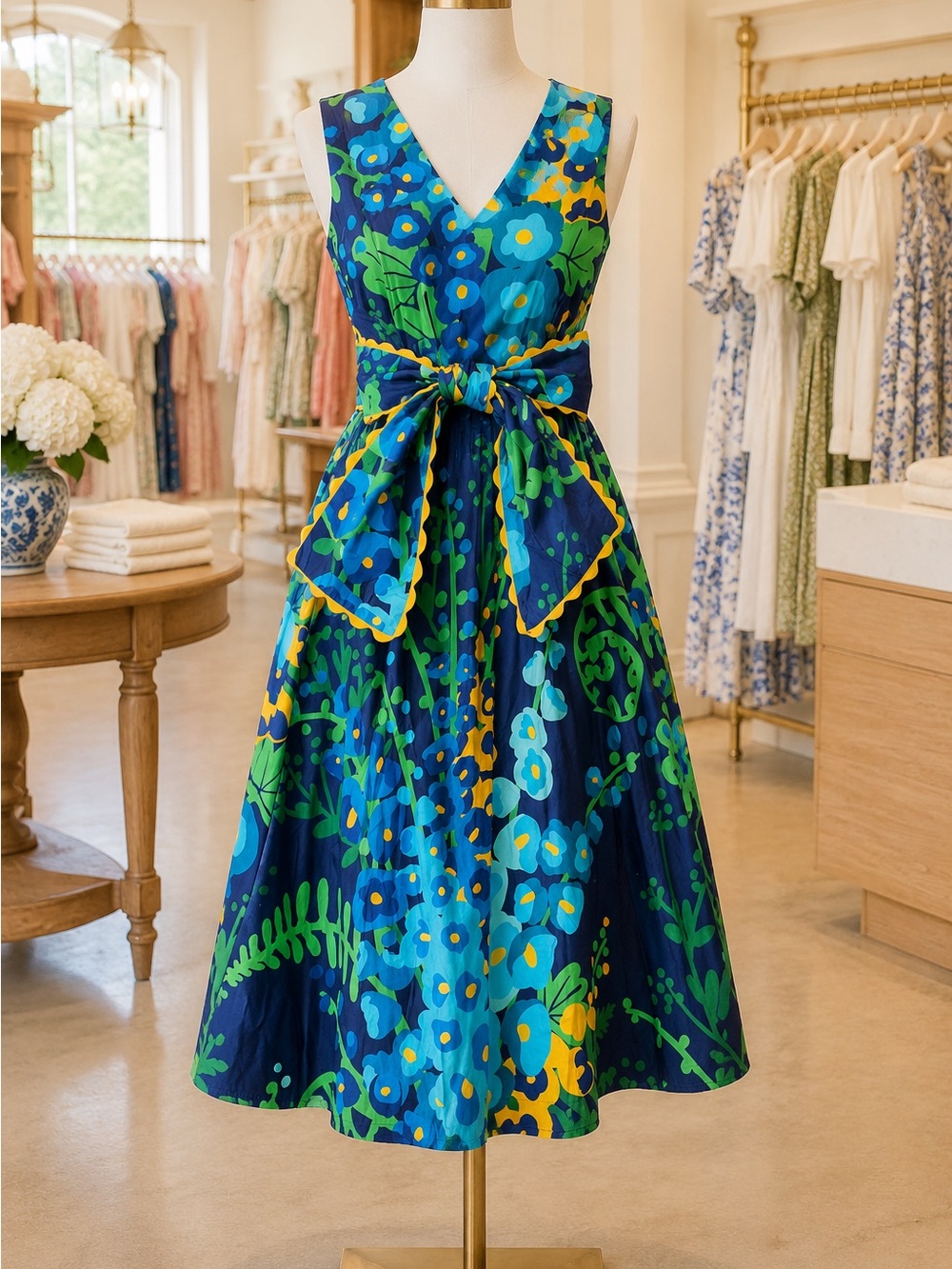 Lesley Evers Sleeveless V-Neck Floral Fit & Flare Dress in Navy and Blue NWT